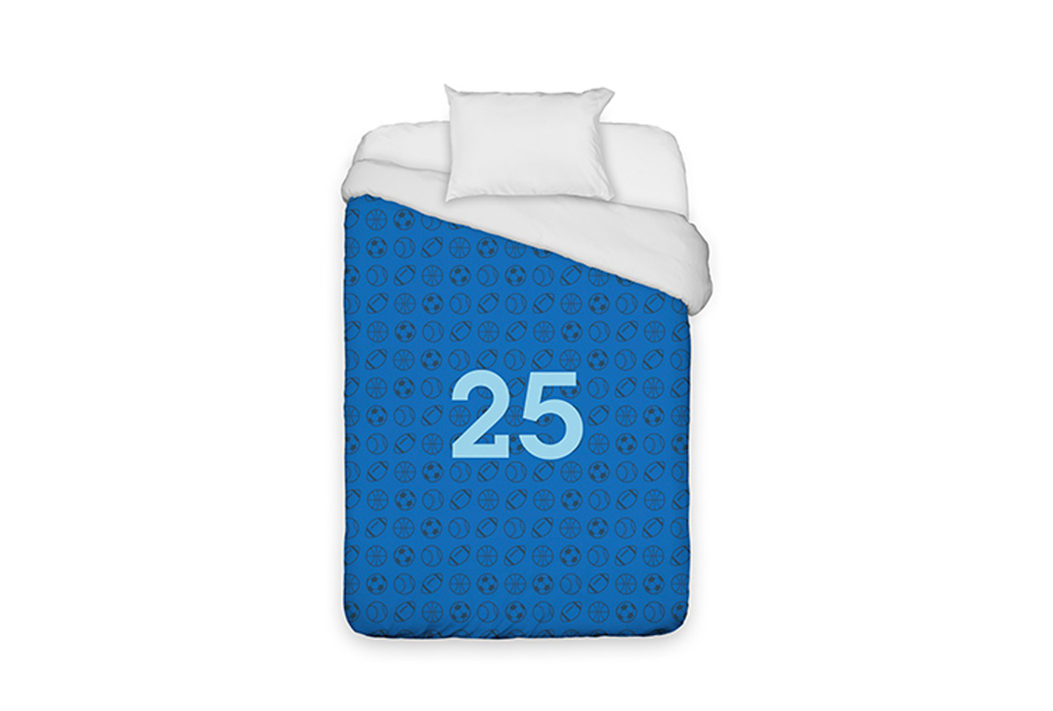 Blue bedspread decorated with balls and jersey number.