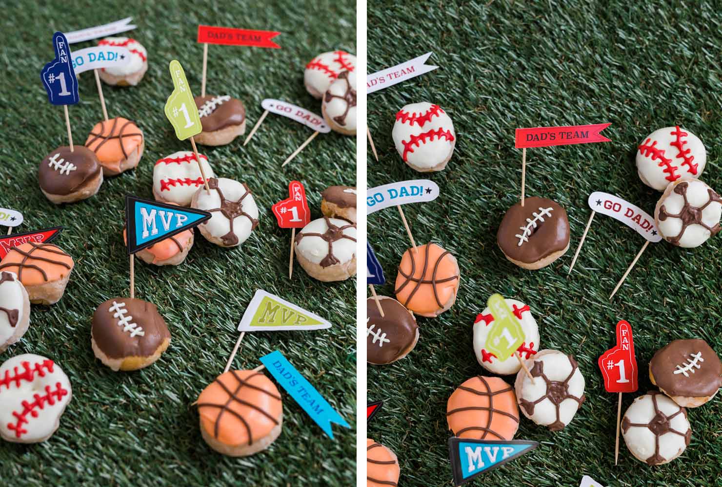 Sports ball decorated donut holes.