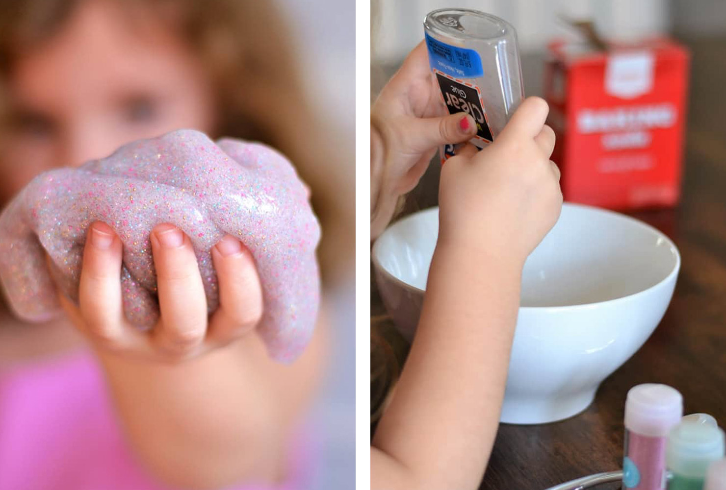 Girl playing with glitter slime. 