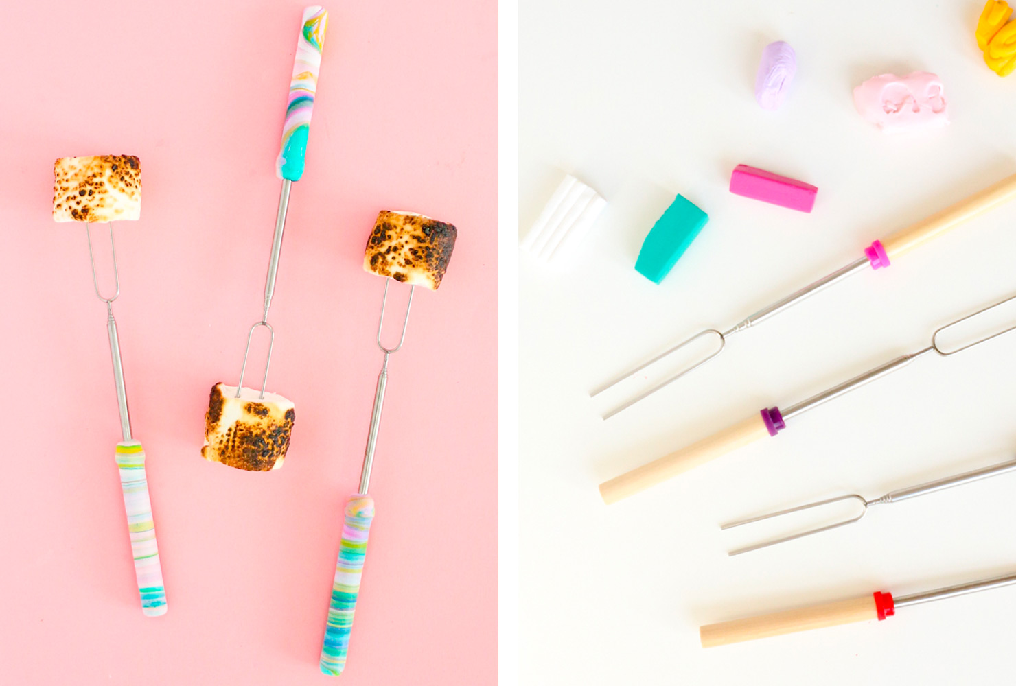 Marshmallows on metal skewers with pastel handles.