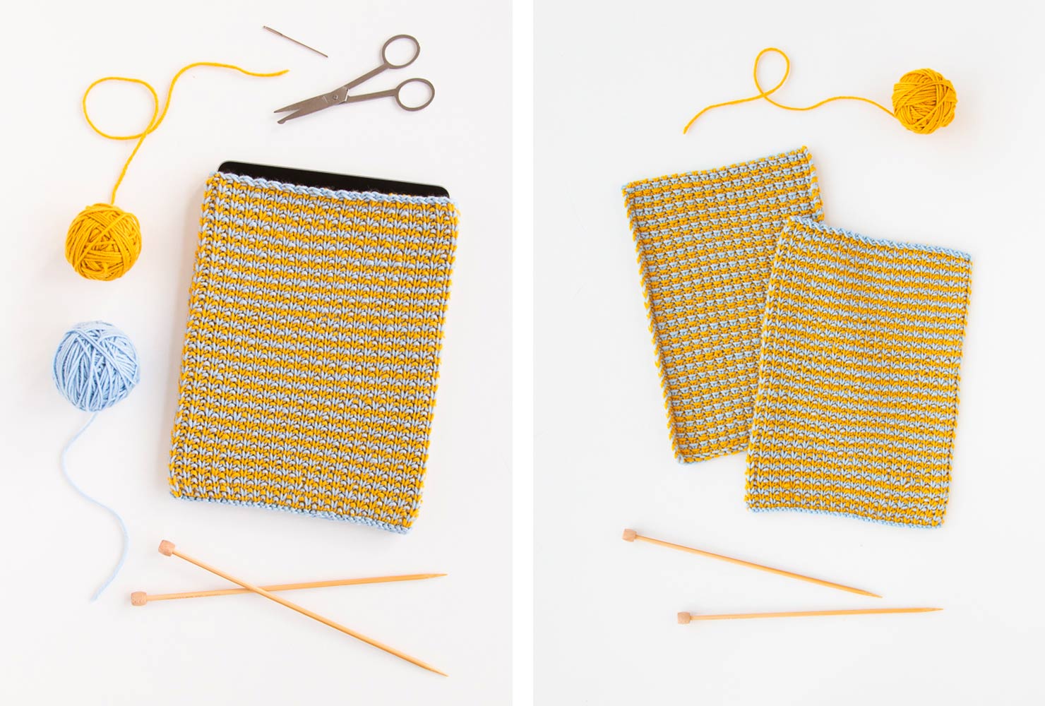 Knitted case with tablet inside.