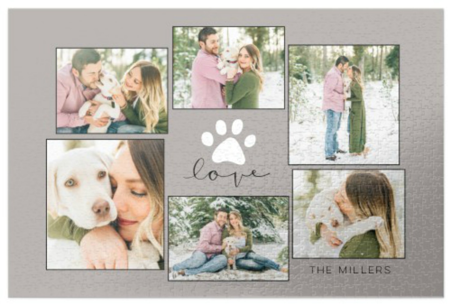 Photo puzzle of happy couple and dog.