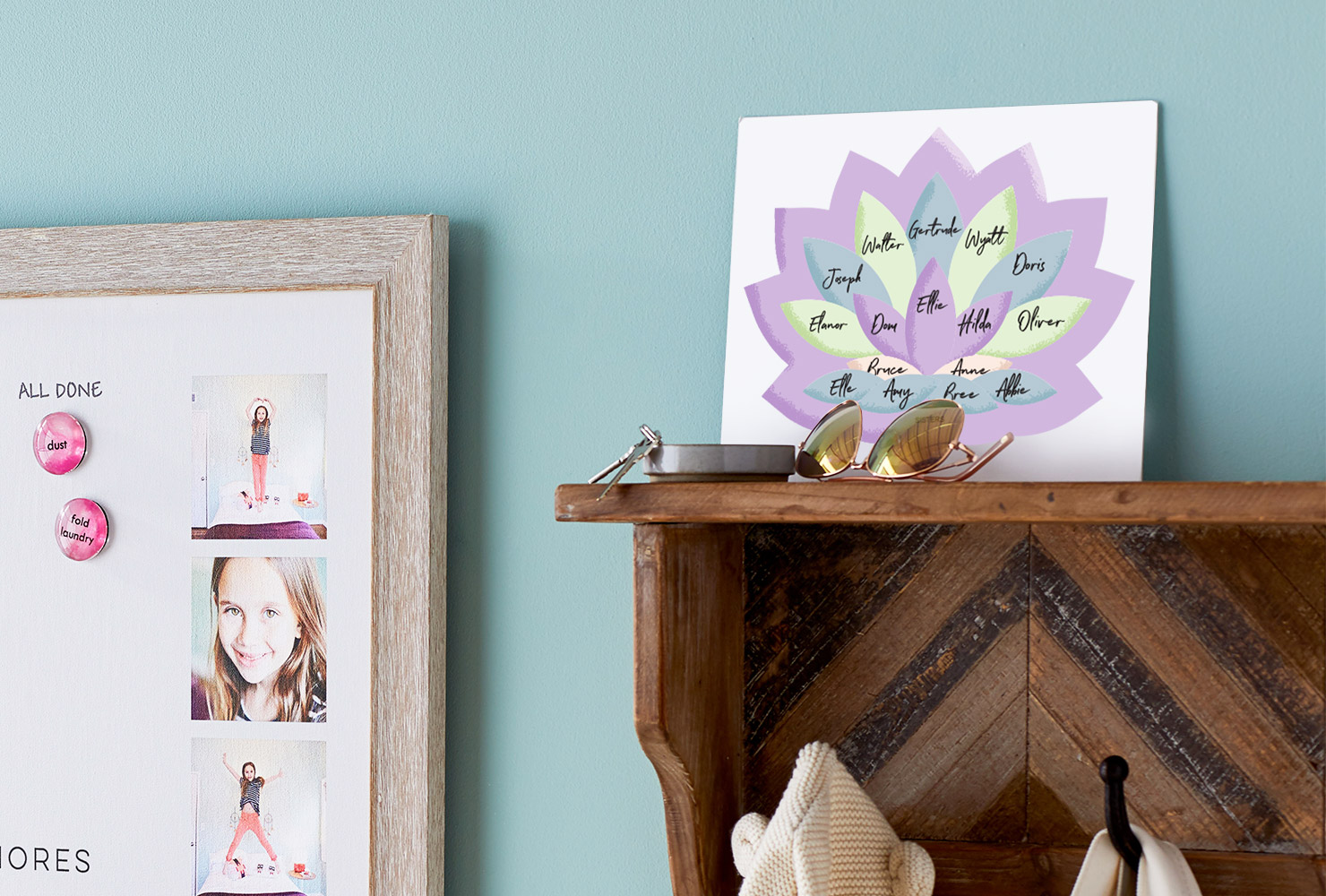 Canvas with a lotus flower and family names on the petals.