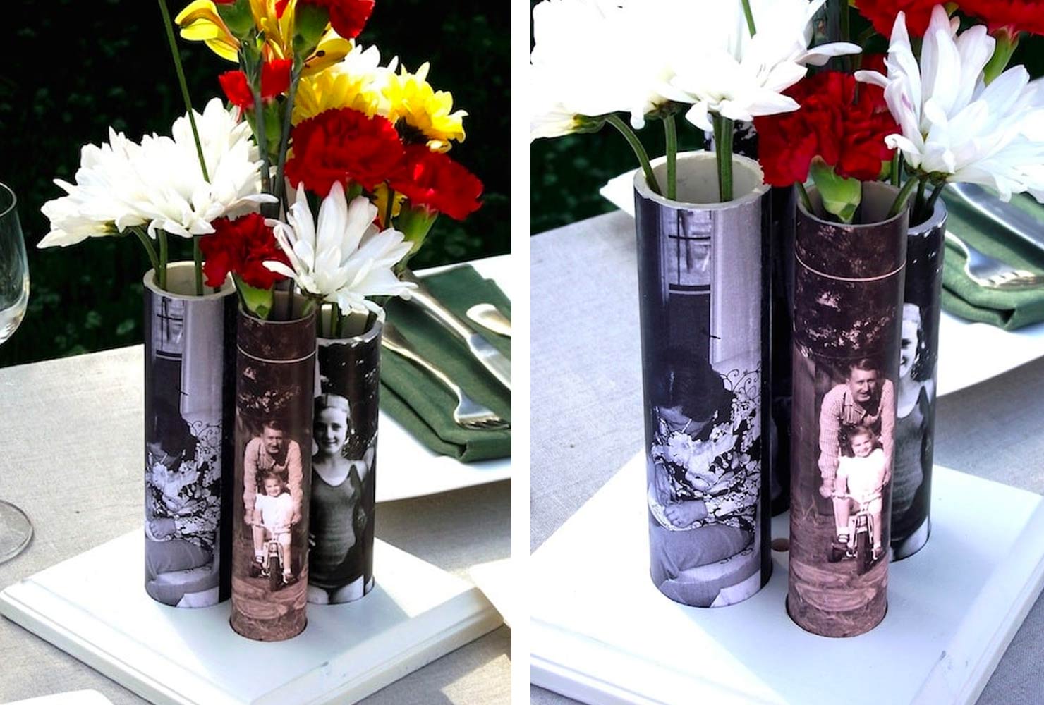 Photo vases with flowers.