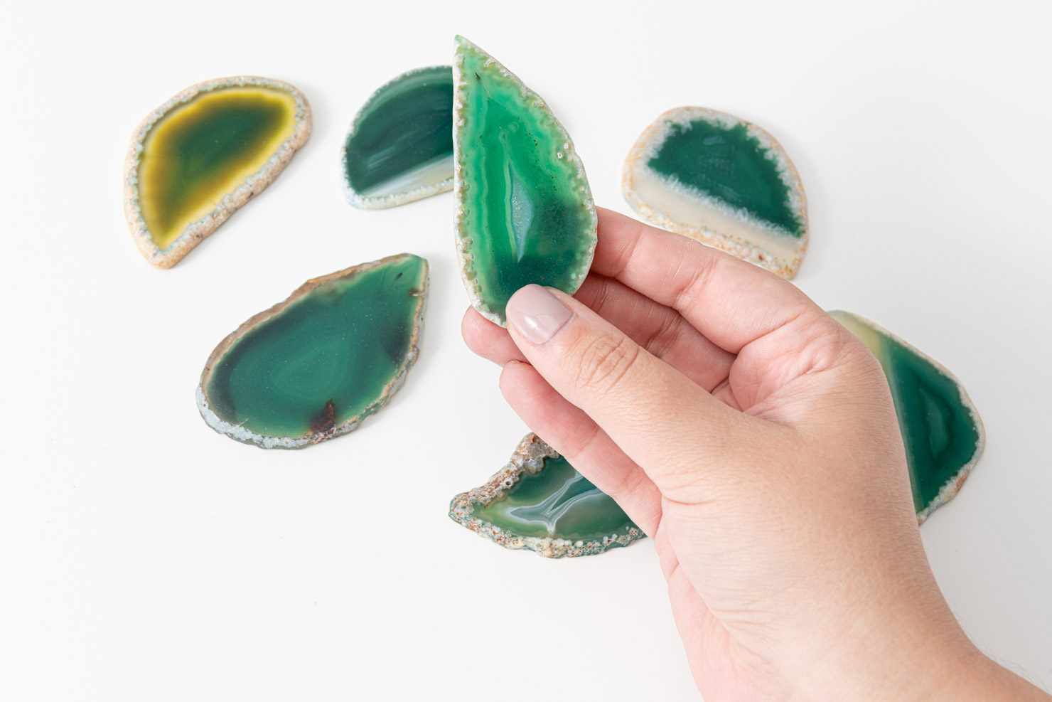 A person holding a flat green geode slice. 