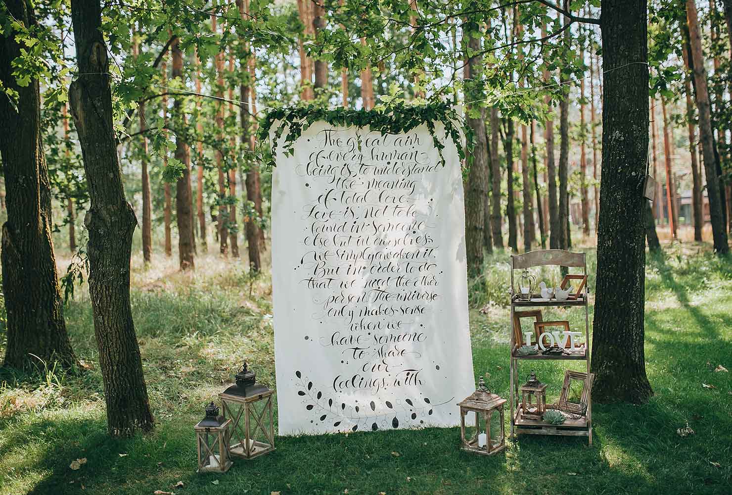 Paper scroll ceremony background in a forest.