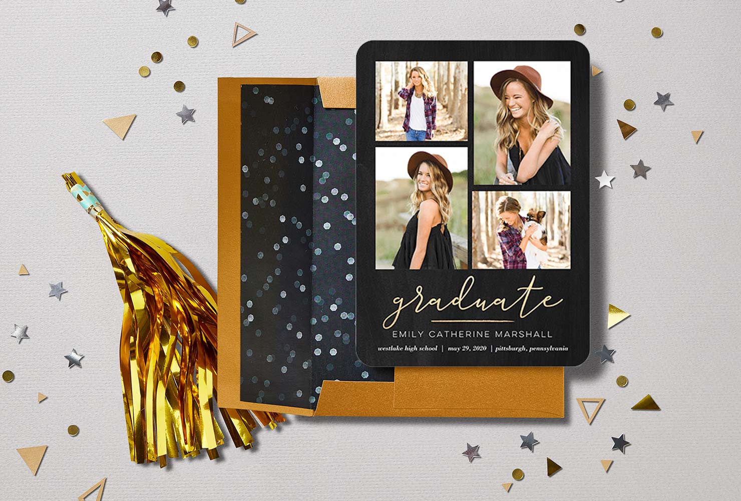 Photo graduation announcement with confetti and gold envelope
