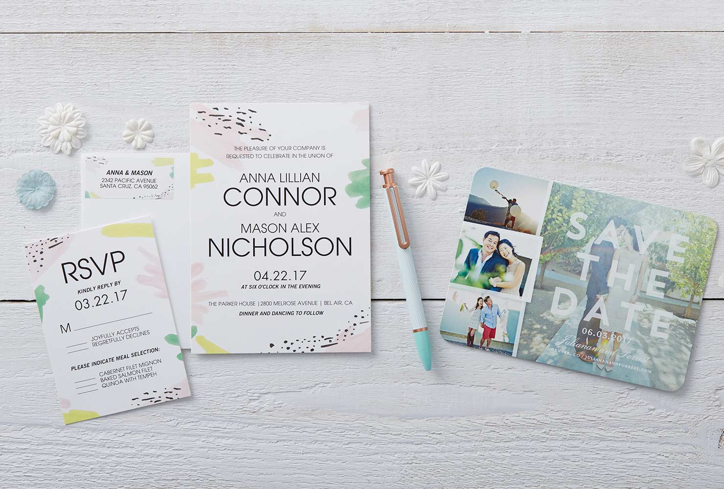 Floral and pastel wedding invitations.