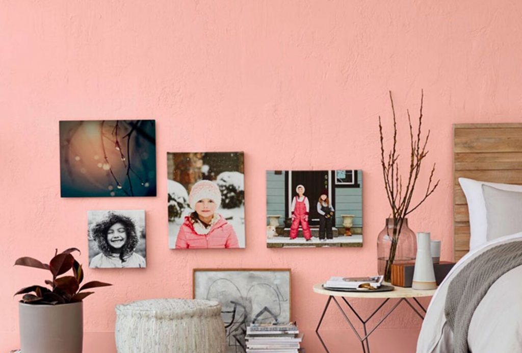 Canvas prints hanging on pink wall.