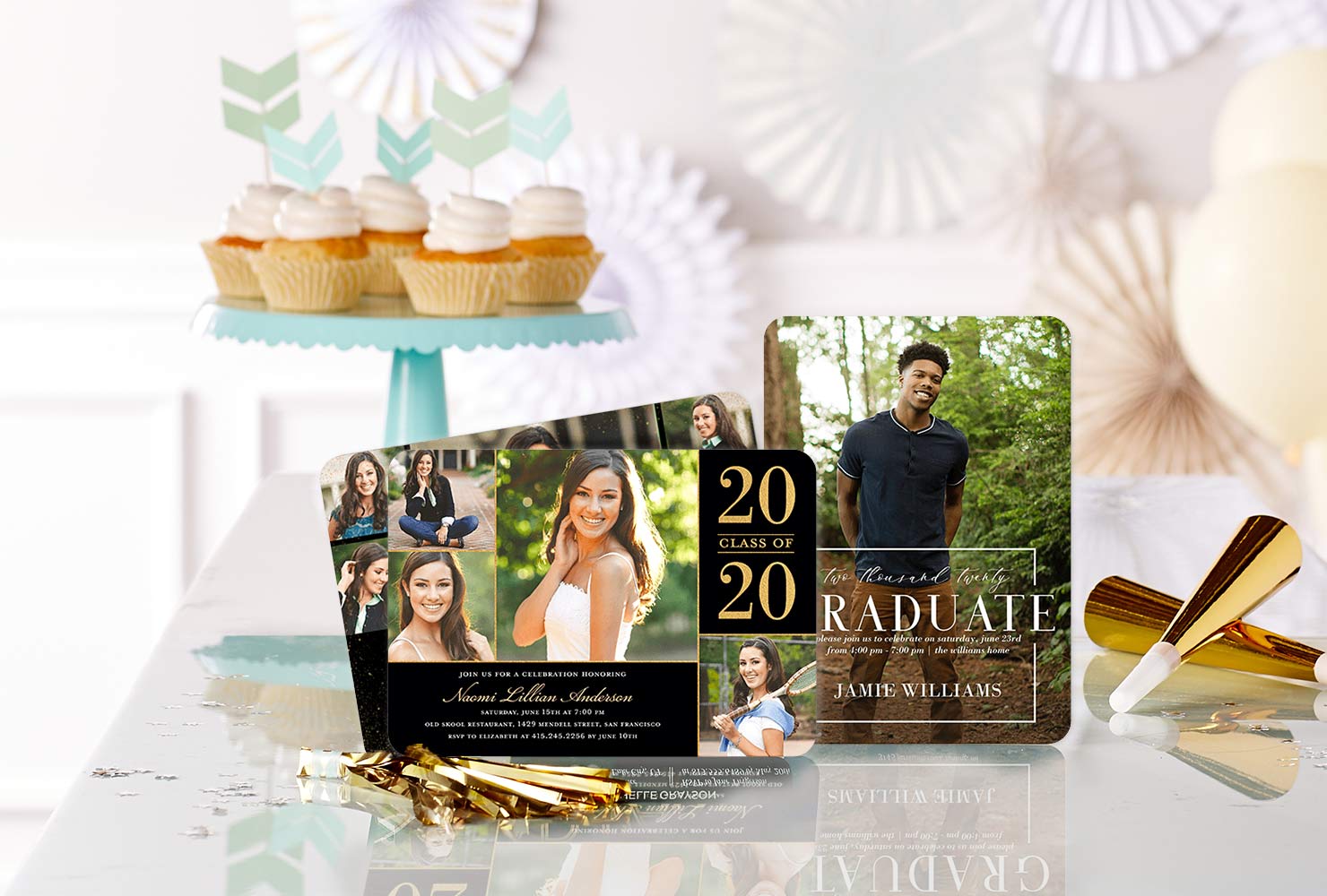 Graduation party decor with photo invites on table