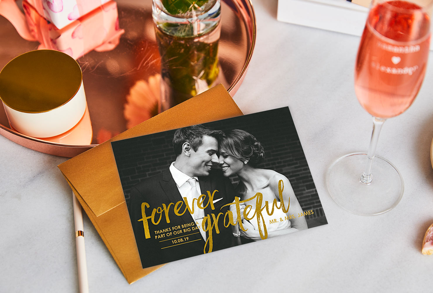 Photo wedding cards with pink home decor and champagne