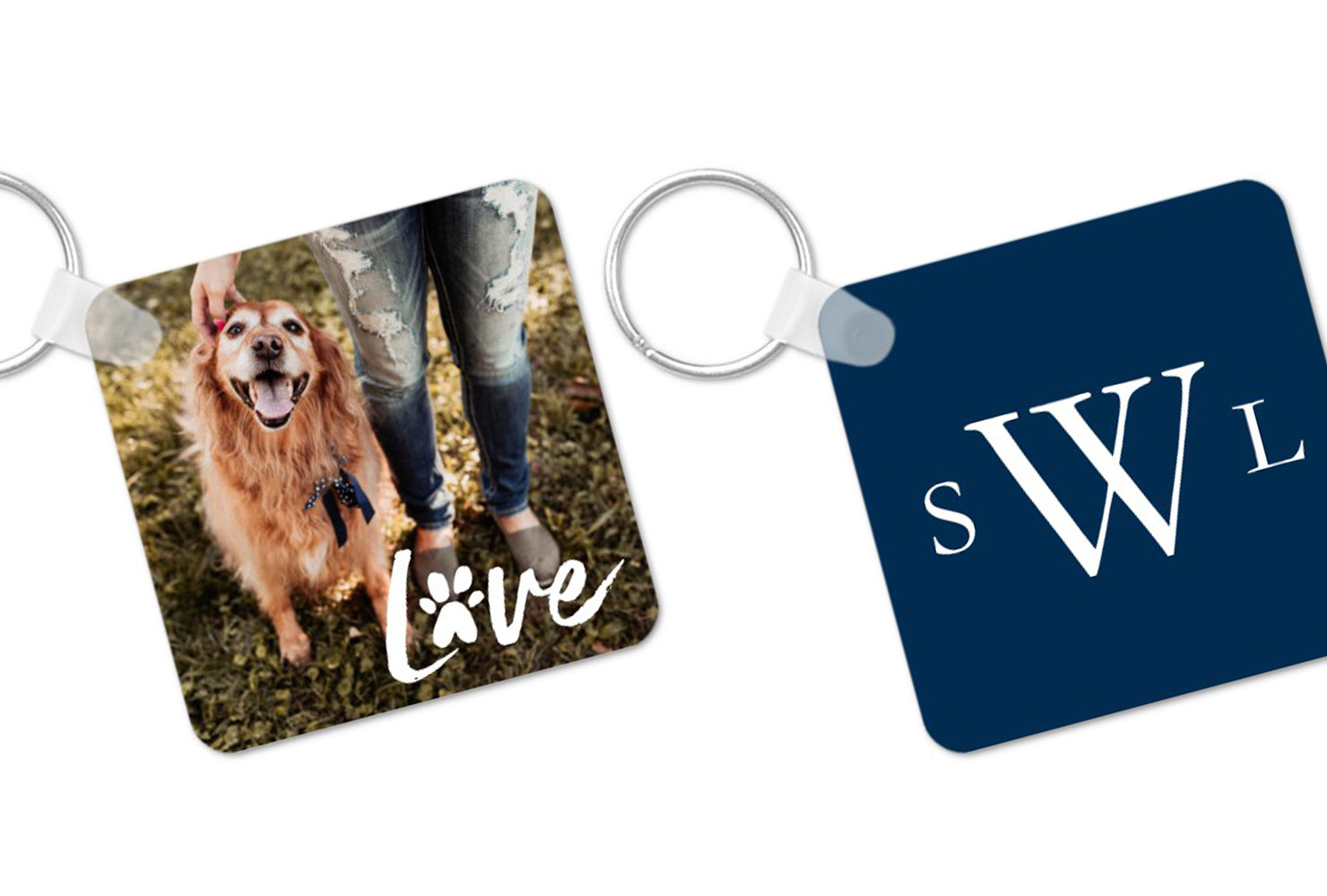 Monogrammed keychain with picture of dog.