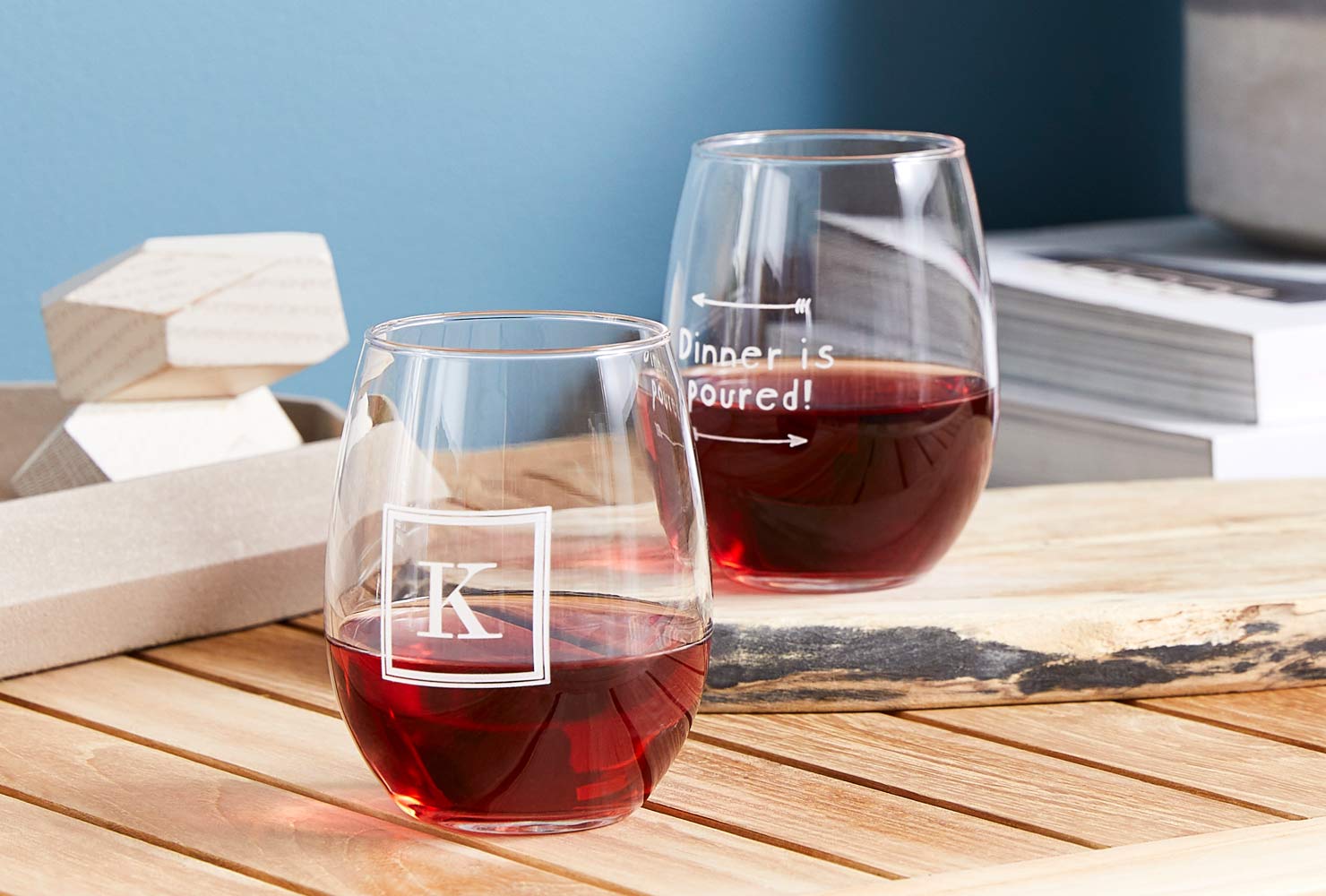 Monogrammed stemless wine glasses.