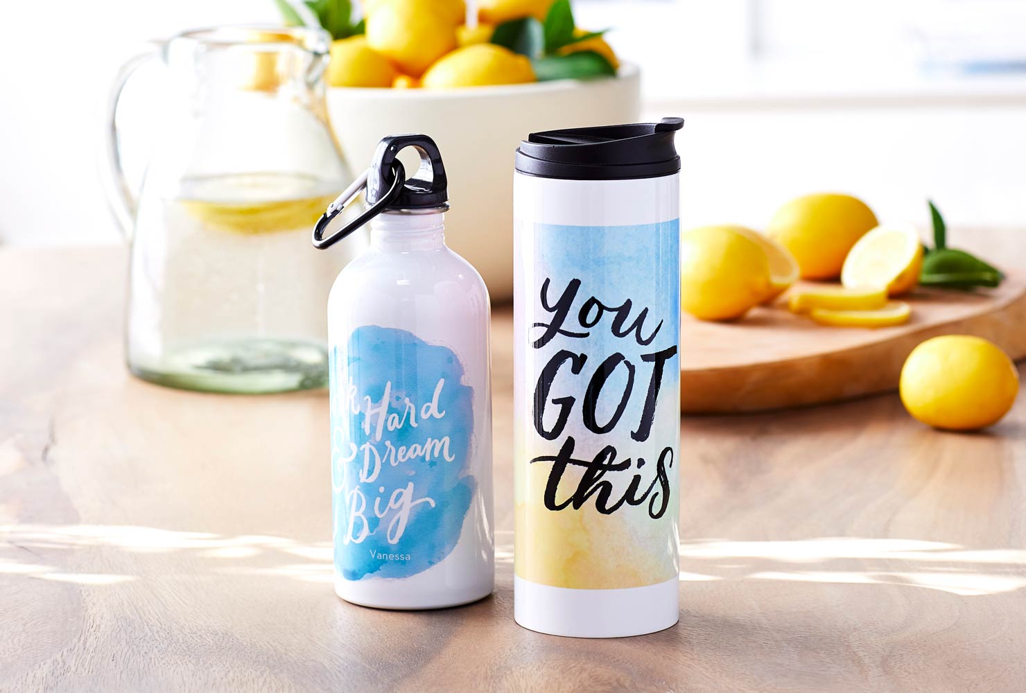 Reusable water bottle and coffee tumbler.